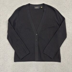 DANA BUCHMAN 100% Silk V-Neck Cardigan Sweater Long Sleeve Top Black Womens Lg